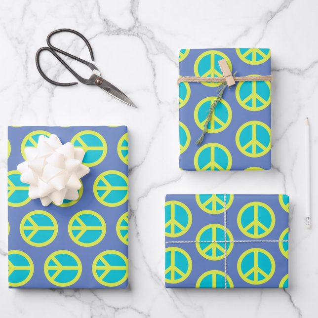 Retro Hippie Peace Sign Pattern in Blue  Wrapping Paper Sheet (Front)