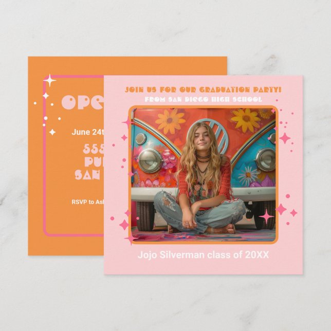 Retro Hippie Photo Graduation Party Pink orange Invitation (Front/Back)