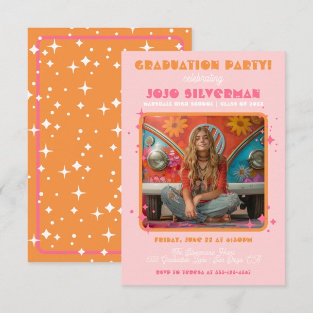 Retro Hippie Photo Graduation Party Pink orange Invitation (Front/Back)