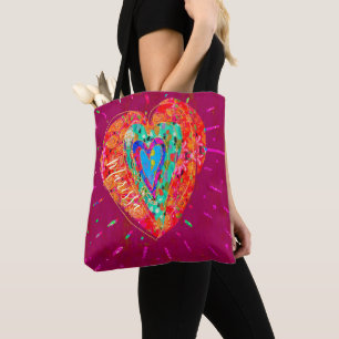 Retro Hippie Pink Turquoise Heart Name Tote Bag