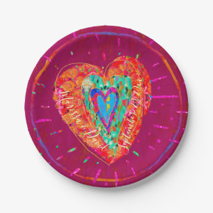 Retro Hippie Pink Turquoise Heart Save the Date Paper Plate