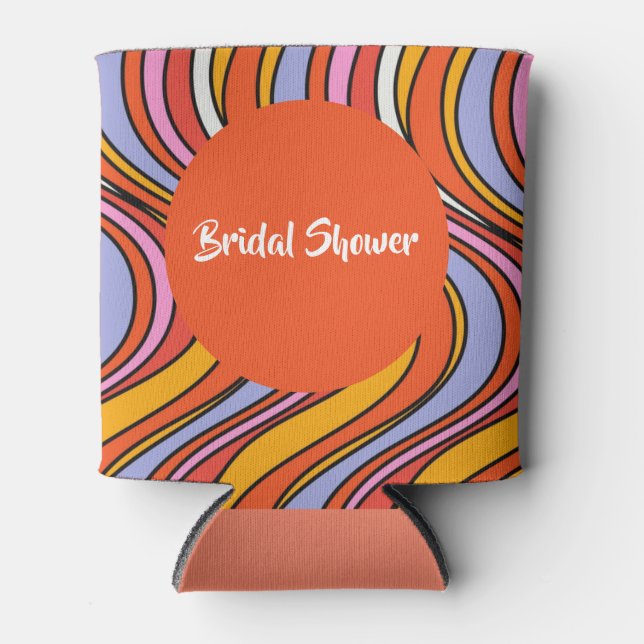 Retro Hippie Psychedelic Swirls Bridal Shower Can Cooler (Front)