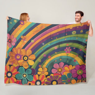 Retro Hippie: Rainbow and Flowers Fleece Blanket