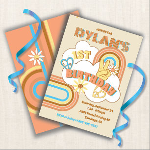 Retro Hippie Rainbow Boy Birthday Party Invitation