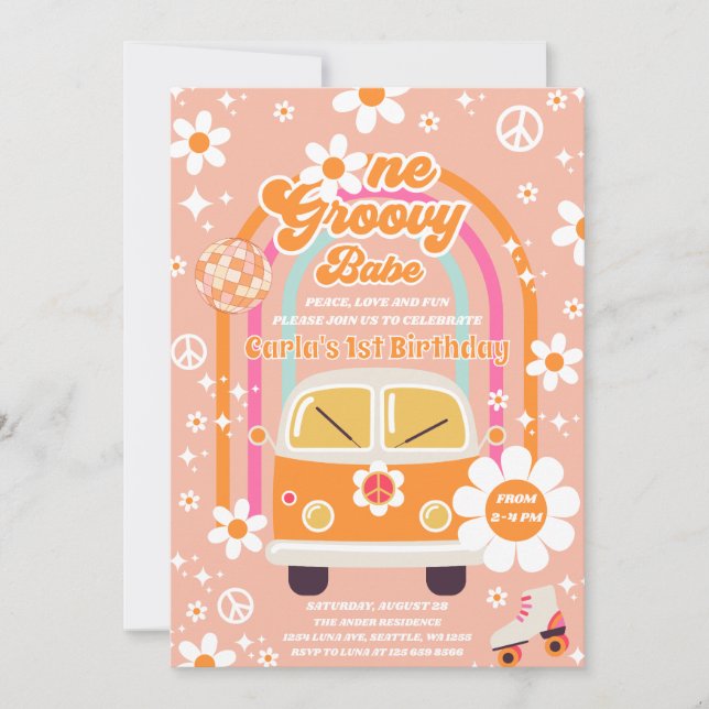 Retro Hippie Rainbow One Groovy Babe 1st Birthday Invitation (Front)