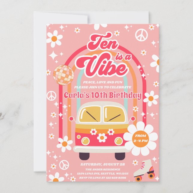 Retro Hippie Rainbow Ten Is A Vibe 10th Birthday Invitation (Front)