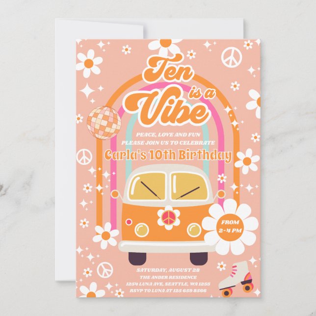 Retro Hippie Rainbow Ten Is A Vibe 10th Birthday Invitation (Front)