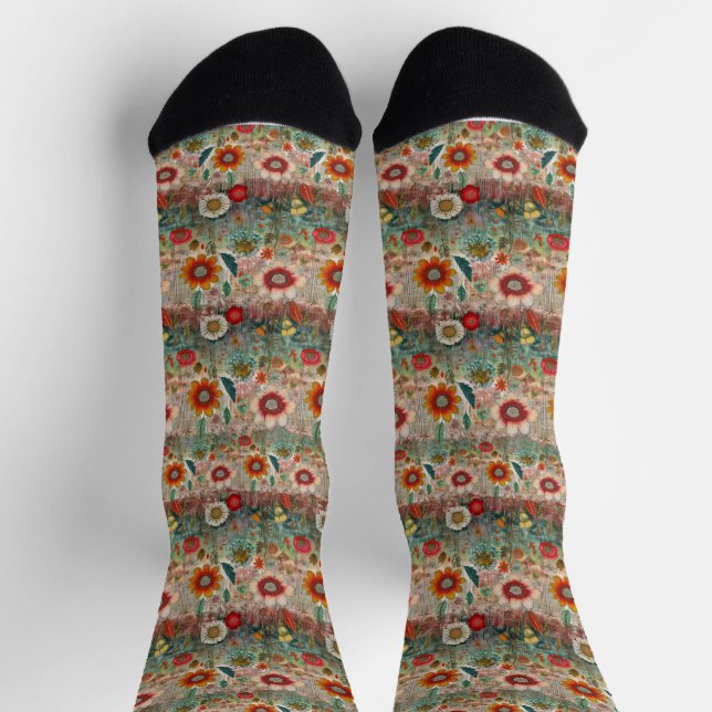 Retro Hippie: Red Flower Garden Socks (Top)