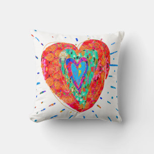 Retro Hippie Red Pink Turquoise Watercolor Heart Cushion