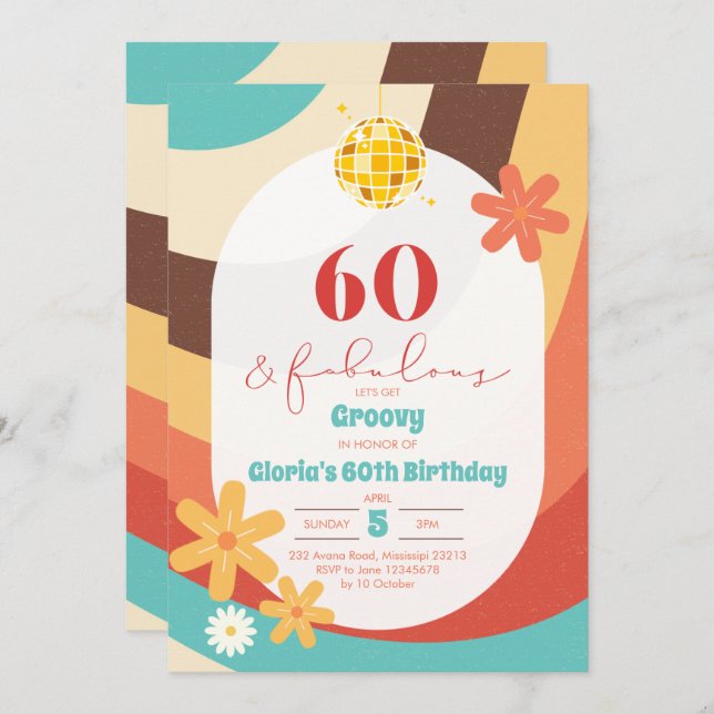 Retro Hippie Sixty and Fabulous Invitation (Front/Back)