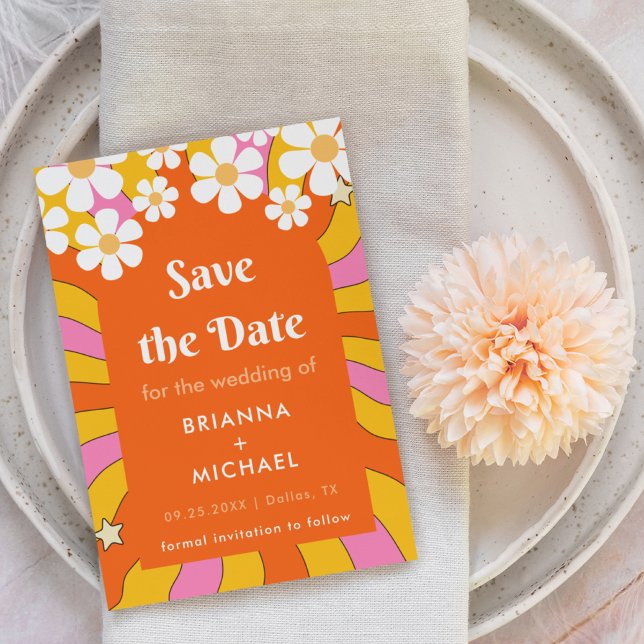 Retro Hippie Style Daisy & Orange Arch 70s Groovy Save The Date (Creator Uploaded)