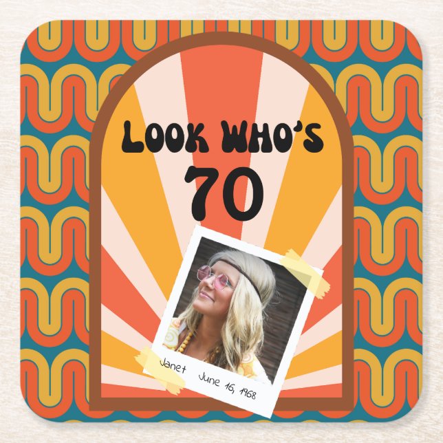 Retro Hippie Sunrise Photo Birthday Paper Coaster (Front)