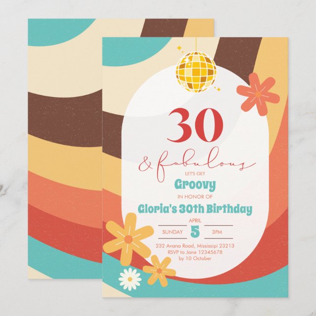 Retro Hippie Thirty and Fabulous Invitation (Front/Back)