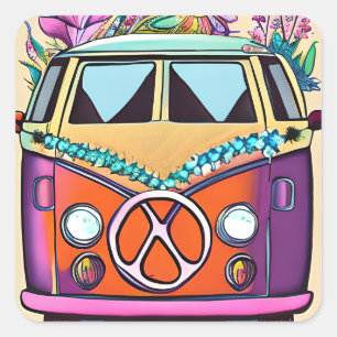 Retro Hippie Van flowers Vintage Colours Art Square Sticker