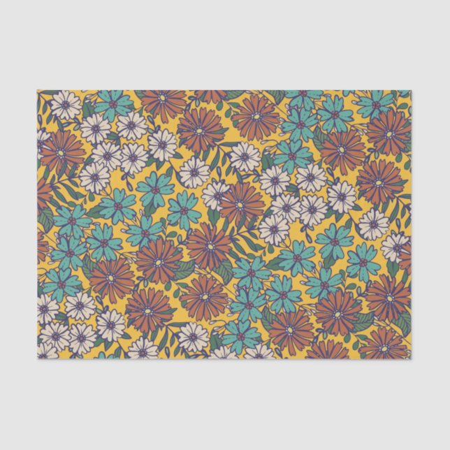 Retro Hippie Yellow Turquoise 70s Floral Pattern Tissue Paper (Front)