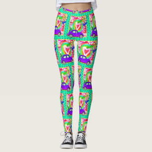 Retro  Hippy  Tie Dye Car Heart  1960's 1970"s Leggings
