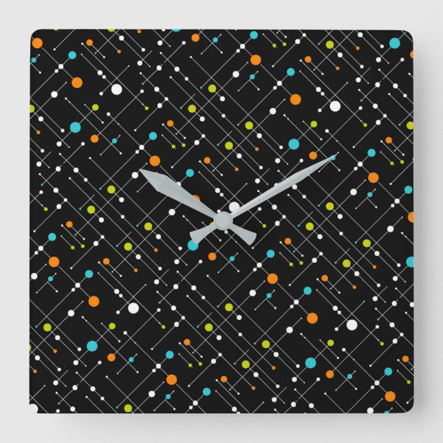 Retro Hipster Black Space Age Atomic Square Wall Clock (Front)