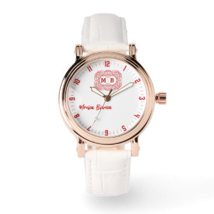 Retro Hipster Monogram white and red Watch