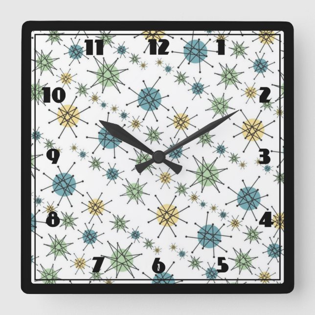 Retro Hipster Space Age Atomic Starburst Square Wall Clock (Front)