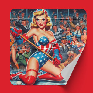 Retro Hockey Pin-up Square Sticker