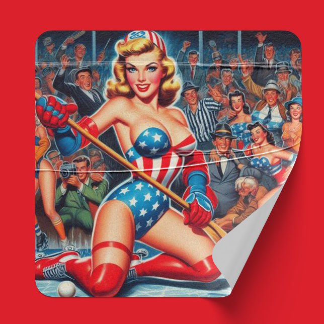 Retro Hockey Pin-up Square Sticker (Creator Uploaded)