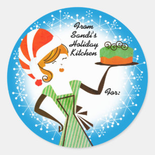 Retro holiday baking cake personalised Christmas Classic Round Sticker