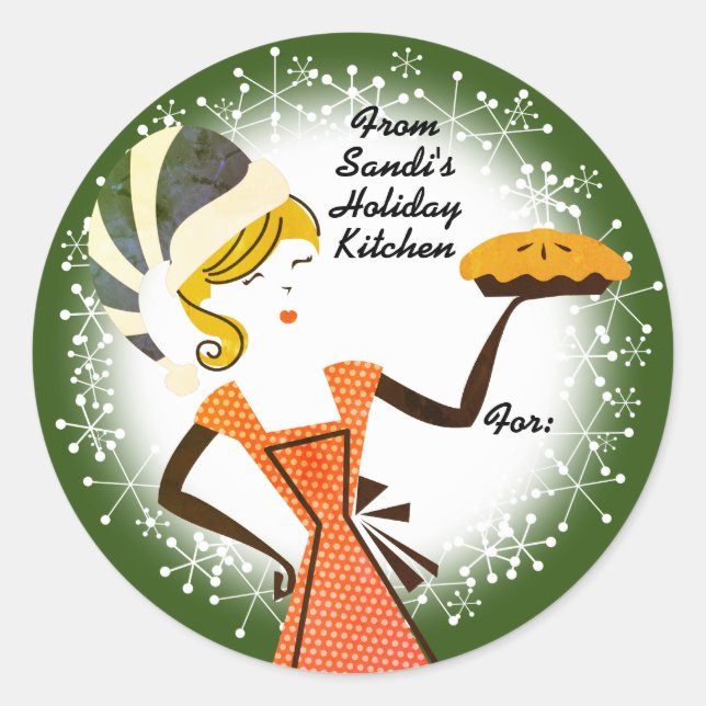 Retro holiday baking pie personalised Christmas Classic Round Sticker (Front)