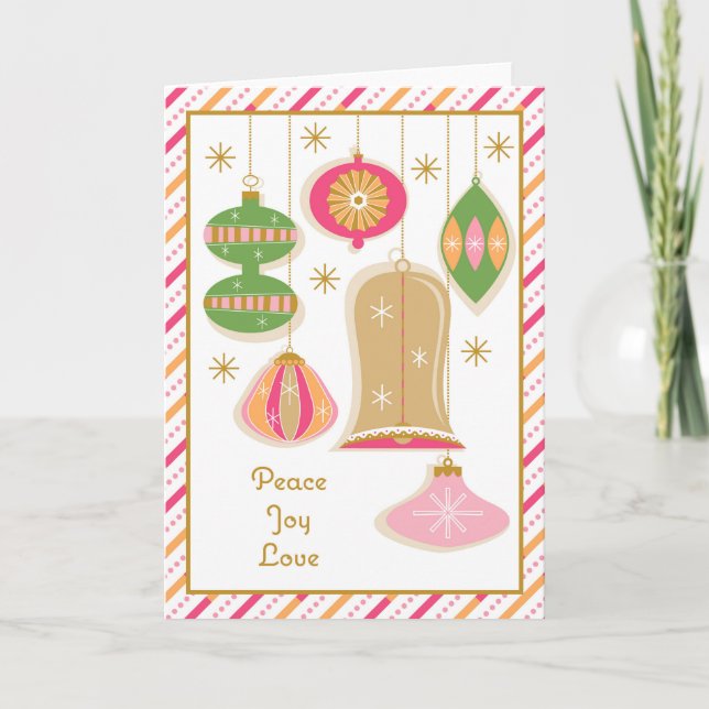 Retro Holiday Baubles Greeting Card -Pink (Front)
