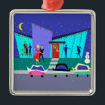 Retro Holiday Cartoon Christmas Ornament<br><div class="desc">This Retro Holiday Cartoon Party Christmas Ornament will put you in the holiday spirit. The design features the exterior of a mid century modern house. Through the floor to ceiling turquoise glass walls, we can see the navy blue silhouettes of festive party goers. There is a couple chatting in front...</div>