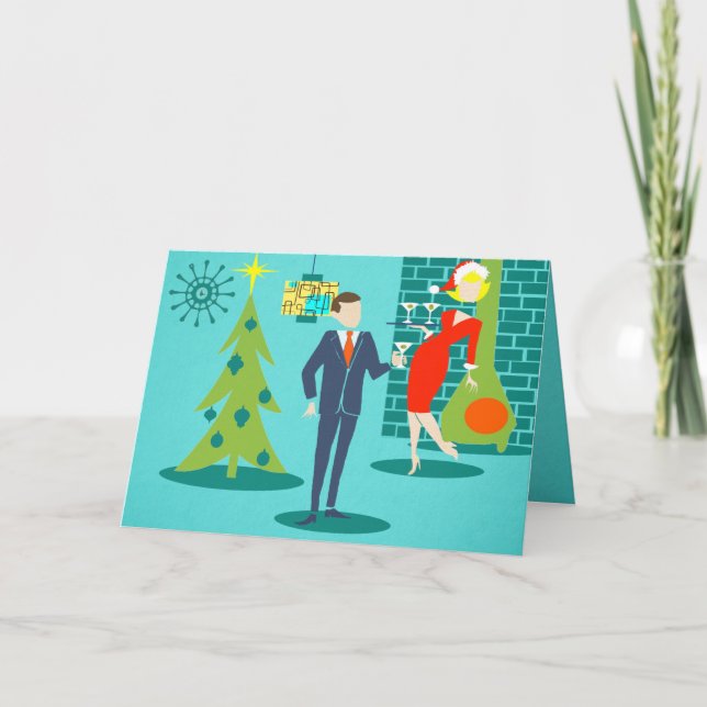 Retro Holiday Cartoon Couple Christmas Card (Front)