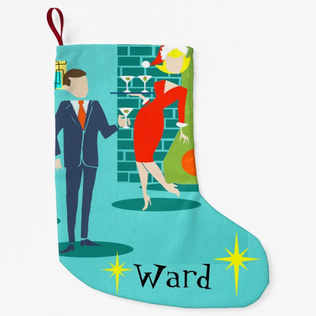 Retro Holiday Cartoon Couple Christmas Stocking (Front)