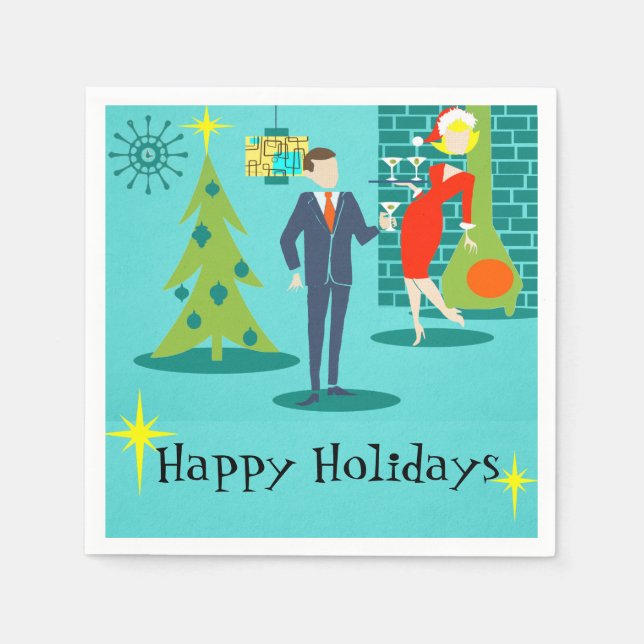 Retro Holiday Cartoon Couple Cocktail Napkins (Front)