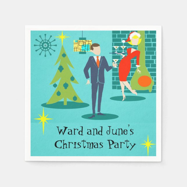 Retro Holiday Cartoon Couple Cocktail Napkins (Front)