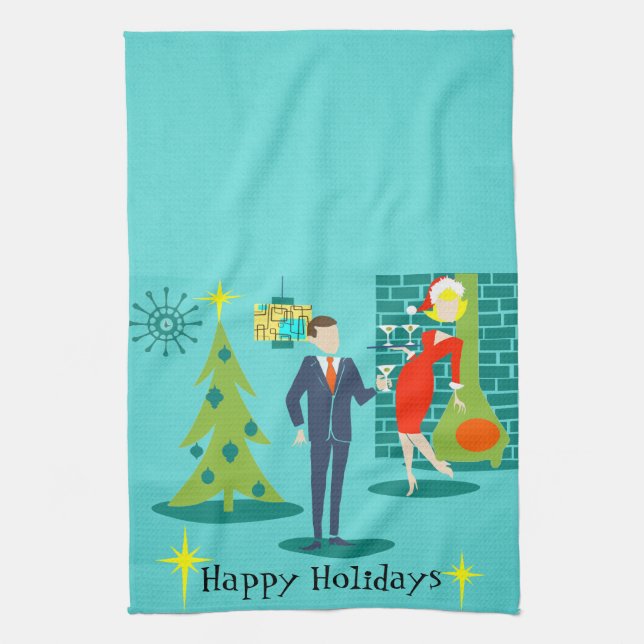 Retro Holiday Cartoon Couple Kitchen Towel (Vertical)