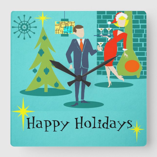Retro Holiday Cartoon Couple Wall Clock (Front)