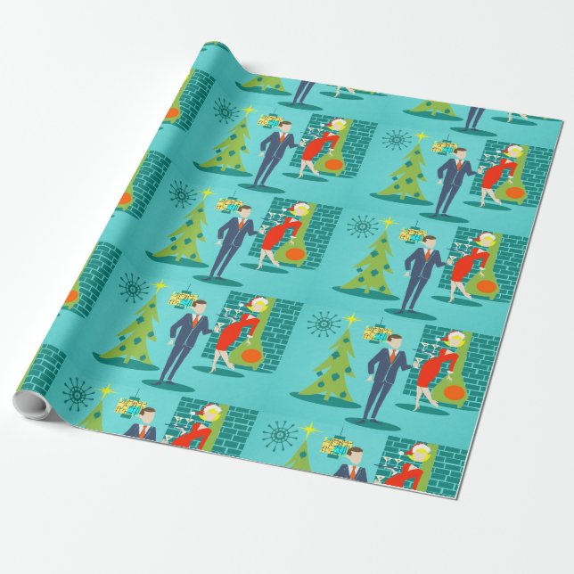 Retro Holiday Cartoon Couple Wrapping Paper (Unrolled)