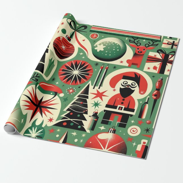 Retro Holiday Cheer Christmas Wrapping Paper (Unrolled)