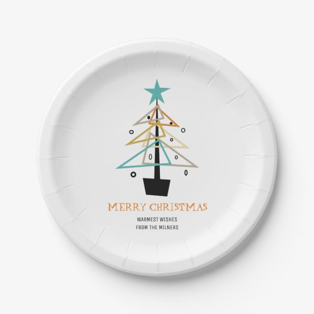 Retro Holiday Christmas Tree Mid Century Modern Paper Plate (Front)