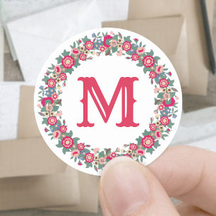 Retro Holiday Floral Wreath Vintage Red Monogram Classic Round Sticker
