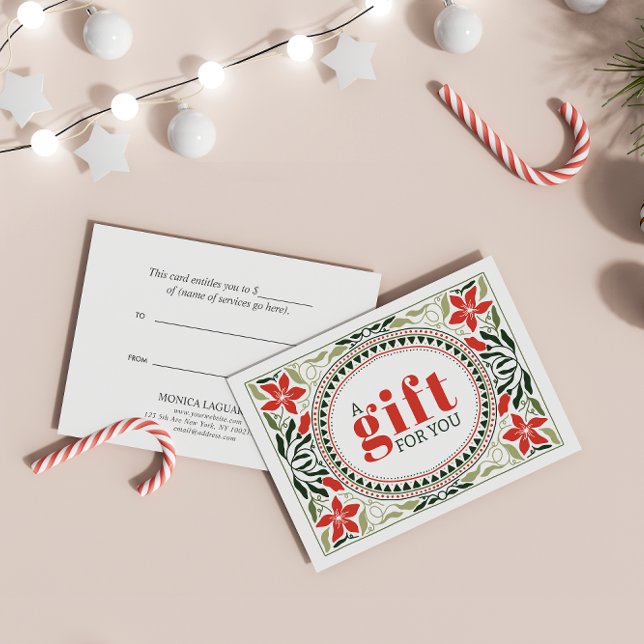 RETRO HOLIDAY GREEN RED FLOWERS FRAME CHRISTMAS ("Intricate Victorian-Style Green & Red Floral Gift Card: Timeless Gifting Charm)