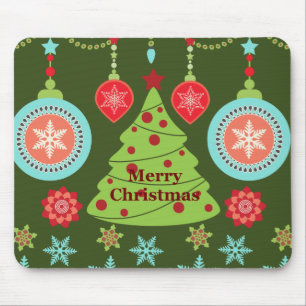 Retro Holiday Merry Christmas Tree Snowflakes Mouse Mat