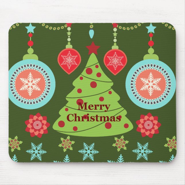 Retro Holiday Merry Christmas Tree Snowflakes Mouse Mat (Front)
