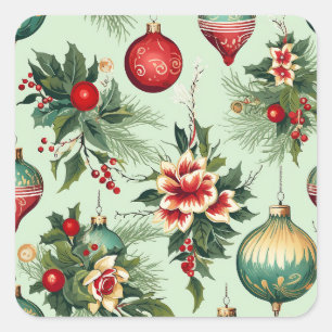 Retro Holiday Ornaments and Flowers Christmas Square Sticker