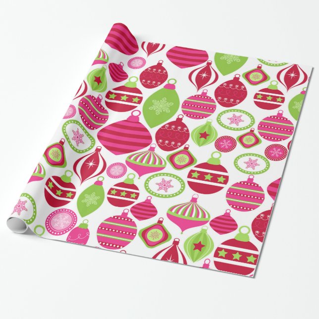 Retro Holiday Ornaments Christmas Pattern Wrapping Paper (Unrolled)