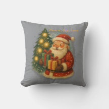 “Retro Holiday Throw Pillow – Cozy Santa & Gifts