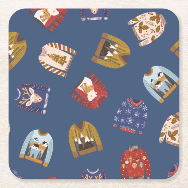 Retro Holiday Ugly Sweater Christmas Party Square Paper Coaster (Front)