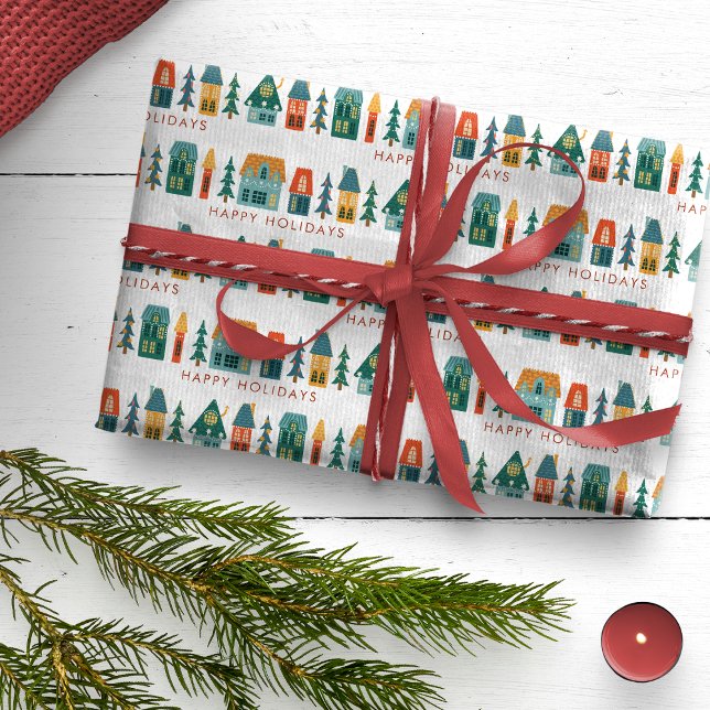 Retro Holiday Wrapping Paper (Happy Holidays Retro Houses Wrapping Paper)