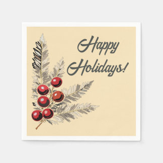Retro Holly Berries and Evergreen  Napkin