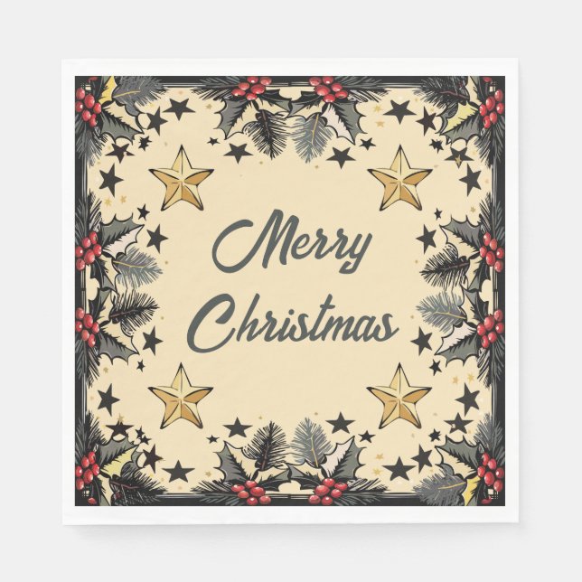 Retro Holly Berries and Evergreen  Napkin (Front)