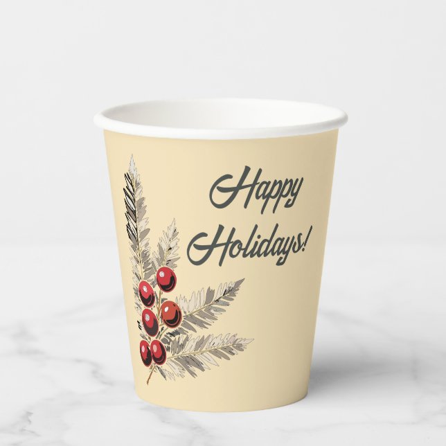 Retro Holly Berries and Evergreen  Paper Cups (Front)